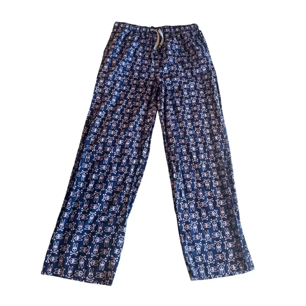 Psycho Bunny Mens Pajama Pants XL Navy Blue Pink‎ Logo Print Cotton Lounge Sleep